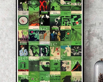 May include: A collage of green book covers featuring the text "Farewell My Lovely" and "The Big Sleep" by Raymond Chandler. The covers are in a grid pattern and feature various illustrations and typography.