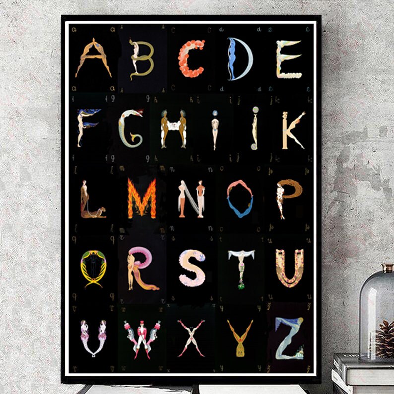 Peut inclure: Une affiche d'alphabet noir et blanc avec chaque lettre form&eacute;e par une silhouette humaine stylis&eacute;e. Les silhouettes sont de diff&eacute;rentes couleurs et poses.