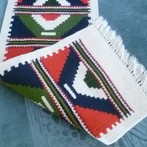 Handwoven Geometric Wool Tapestry: Vintage Table Runner