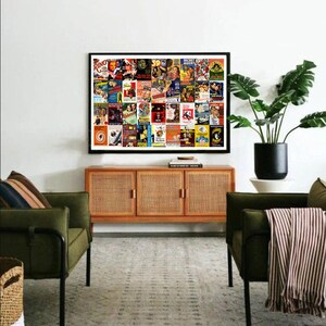 May include: A framed collage of vintage movie posters featuring classic films from the 1940s and 1950s. The posters are in various colors and feature images of actors and actresses, as well as titles of the films. The collage is hanging on a white wall above a wooden cabinet with wicker doors.