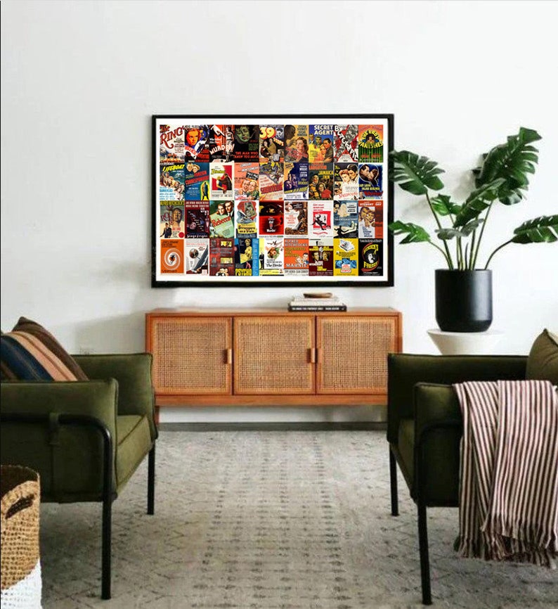 May include: A framed collage of vintage movie posters featuring classic films from the 1940s and 1950s. The posters are in various colors and feature images of actors and actresses, as well as titles of the films. The collage is hanging on a white wall above a wooden cabinet with wicker doors.