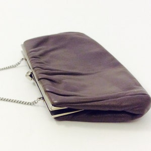 Vintage Small Brown Genuine Leather Clutch with Silver Frame & Silver Chain Link Handle, Retro Handbag Mod 70&#39;s Purses, Evening Bag