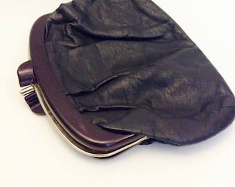 Vintage 70s Black Leather Folding Clutch, 1970's Ladies Purse, Lucite Frame Handbag, Made in Hong Kong, Retro, Mod