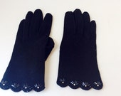 Vintage Black Sequin Women Gloves Beaded Trim Black Ladies Glove, Tailored Faux Suede Black Pair of Gloves, Size Small