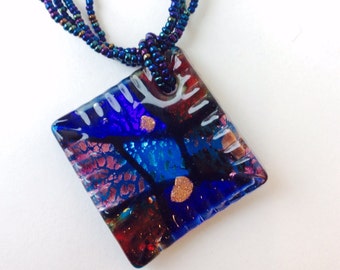 Blue Dichroic Iridescent Necklace Jewelry Art Deco Glass Pendant Abstract Mosaic Beaded Multicolored Fused Glass 1970's Jewelry