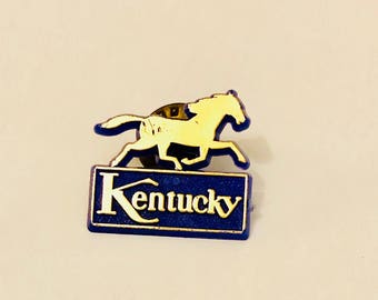 Vintage 80s Kentucky Derby Lapel Pin: Blue & Gold Horse Racing Brooch