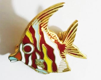 Vintage Enamel Tropical Fish Pin: Red, White & Blue Brooch