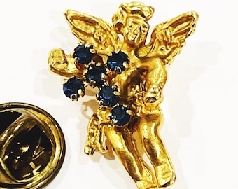 Angel Pin Guardian Angel Lapel Pin Cherub Brooch Pin Small Pin Small Angel Brooch Pin Back Pin Blue Rhinestone Cross Birthstone