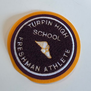 Freshman Athlete  Letterman Jacket Patch Track and Field Badge Turpin High School Motif Sports Appliqué Yellow Maroon