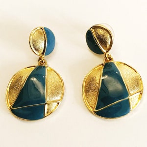 Vintage Drop Gold-tone Blue Enamel Earrings Pierced Double Circle Dangling Earrings Geometric Costume Jewelry Statement Bold Door Knocker image 1