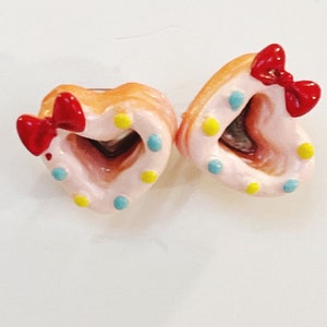 Heart Shape Donut Earrings Food Jewelry Novelty Plastic Pierced Fun Earrings Dessert Earrings Kitsch Donut Studs