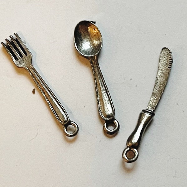 Vintage Fork Spoon Knife Charms Silver Tone Cutlery Charms Tiny Mini Spoon Fork Knife Charm Lot Utensils Jewelry Chef's Charm Set