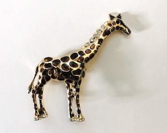 Vintage Rhinestone Giraffe Brooch: Gold Enamel Figural Pin