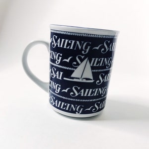 Vintage Nautical Mug Sailboat Coffee Mug Sailing Stoneware Navy Blue & White Coffee Cup Drinkware Naval Ceramic Enesco 1984 Cups