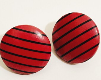 Vintage Red Black Striped Button Earrings Medium Pierce Push-back Button Earrings Vintage Costume Jewelry Retro Earrings Statement 90s 80s