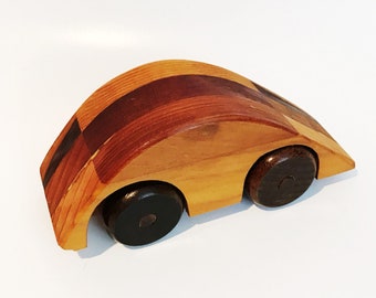 Vintage Wood Push Car Wooden Hand Carved Race Car Natural Wood Toy Automobile Handmade Sleek Mobile