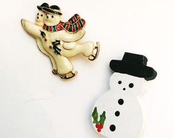Vintage Snowman Pin Christmas Brooch Lot Frosty the Snowmen Ice Skating Enamel Pin and Handmade Painted Snowman Pin