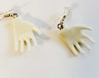 Hand Earrings White Plastic Hand Earrings Retro Novelty Earrings Statement Drop Dangle Weird Tiny Hands Adams Family Thing Kitsch Halloween