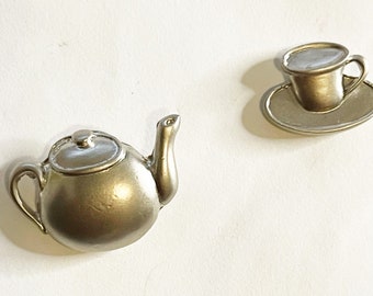 Vintage Pewter Teapot and Tea Cup Lapel Pins Scatter Pin Tie Tack Hat Pin Tea Kettle Cup & Saucer Brooches Coffee Cup Brewmaster Gift