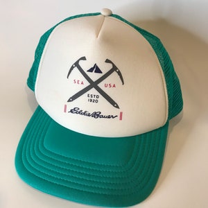 Vintage Eddie Bauer Trucker Hat Sea USA Mesh Hipster Hat Teal Green and White Snap back One Size Snapback image 1