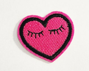 Pink Heart Patch Closed Eyes Blinking Patch, Patches, Applique, Iron On Patch, Sew On Patch