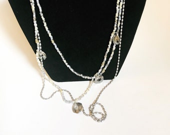 Vintage 3 Strand Gray and White Faux Pearl Bead Necklace Gray White Clear Faux Diamonds Dangling Beaded Necklace 1980's Costume Jewelry