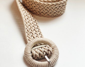 Vintage Beige Woven Fabric Ladies Belt Eclectic Retro Belt Women Accessories Size Medium Cream Color Braided Wide Belts