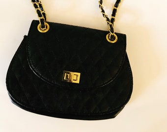 Vintage Black Purse Faux Leather Tufted Small Handbag Chain-link Gold-tone Metal and Leather Strap 1980's  Quilted Stitch Purse