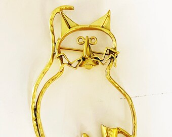 Vintage Large Cat Brooch Lapel Pin Vtg Brooches Gold Tone Animal Kitten 5" Cat Pin Costume Jewelry Cat Rescue 1990's Cat Lovers