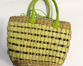 Vintage 90er Jahre Grün Geflochtene Stroh Handtasche: Boho Korbgeflecht Geldbörse
