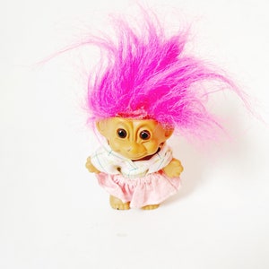 Vintage Russ Troll Doll: Neon Pink Hair, Plaid & Pink Skirt