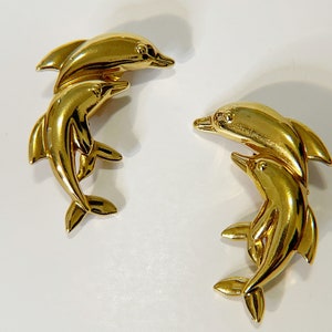 Vintage Dolphin Clip On Earrings Golden Dolphin Earrings Retro 80s Statement Clip Ons Fun Pair Vtg Gold Tone Large Dolphins Clip Earrings image 1