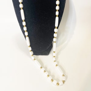 Vintage Trifari White Lucite Beaded Necklace Single Long Strand Statement Necklace White Beads with Gold Tone Ball Spacers Glam Mod Jewelry