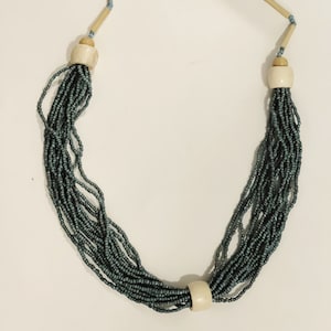 Peruvian Seed Bead Necklace Blue and White Multi-strand Necklace Long Boho Afrocentric Costume Jewelry Vintage Chunky Necklace