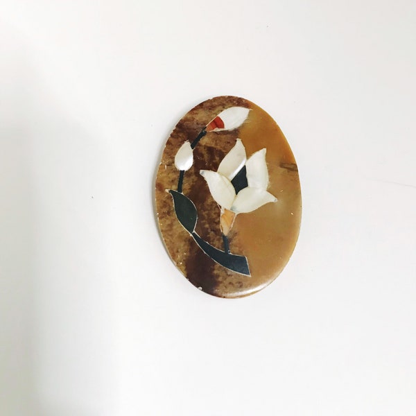 Vintage Soapstone Floral Flower Inlay Mother of Pearl Oval Lid Stone Box Handmade in India Brown Trinket Box Lid Paperweight Floral Tile