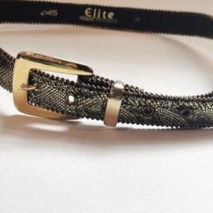 Vintage Animal Print Elite Belt 1990s Gold Black Sparkle Metallic Retro 90s Ladies Belt Bejeweled Beaded Faux Snakeskin Like Print Pattern