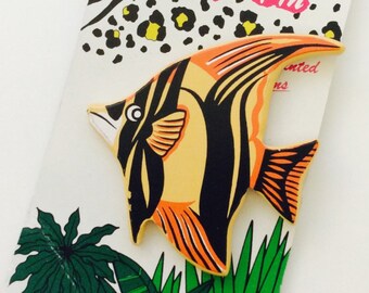 1990s Vintage Wooden Fish Pin: Hand Painted Tropical Brooch