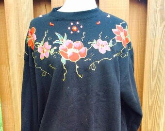 90s Handpainted Floral Sweatshirt, Navy Blue Bejeweled Top (X-Large)