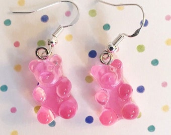 Pink Gummy Bear Earrings Candy Jewelry Kitsch Dessert Jewelry Handmade Candy Earrings Retro Kawaii Jewelry Silver Plated Earrings