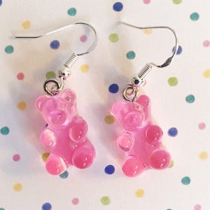 Pink Gummy Bear Earrings Candy Jewelry Kitsch Dessert Jewelry Handmade Candy Earrings Retro Kawaii Jewelry Silver Plated Earrings
