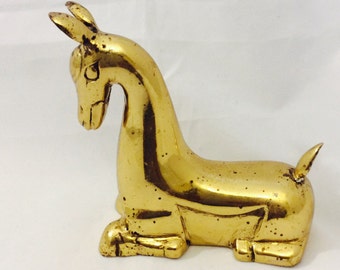 Vintage Brass Horse Sitting Gold Horse Figurine Animal Donkey Pony Ass Statue Paperweight Home Office Equestrian Western Decor