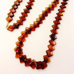 Vintage Tortoise Plastic Necklace Lucite Brown Marble Colored Diamond Cut Shaped Jewelry Geometric Design Amber Brown Long Boho Necklace image 1