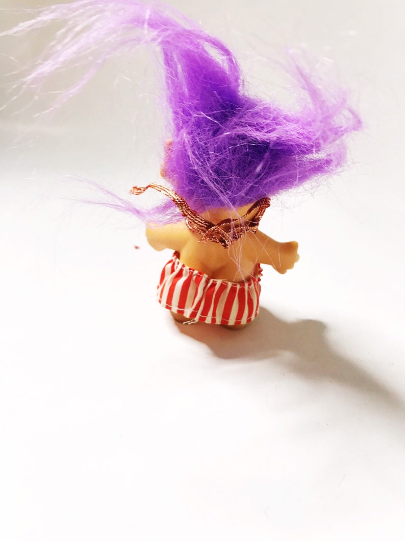Troll with Purple Hair, 1992 Pointy Ear Funny Troll with Striped Halter Dress I.T.B International Teddy Bear Collectible Vintage Trolls 90s image 9
