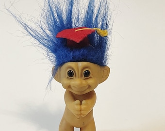 Vintage Russ Berrie Troll Doll: Blue Hair, Red Graduation Cap