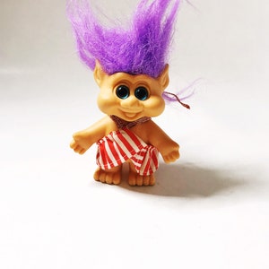 Troll with Purple Hair, 1992 Pointy Ear Funny Troll with Striped Halter Dress I.T.B International Teddy Bear Collectible Vintage Trolls 90s image 5