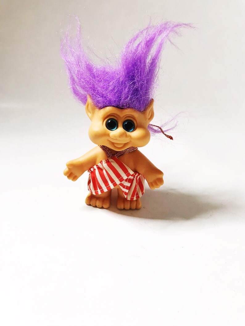 Troll with Purple Hair, 1992 Pointy Ear Funny Troll with Striped Halter Dress I.T.B International Teddy Bear Collectible Vintage Trolls 90s image 5