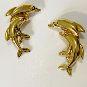 Vintage Dolphin Clip On Earrings Golden Dolphin Earrings Retro 80s Statement Clip Ons Fun Pair Vtg Gold Tone Large Dolphins Clip Earrings image 8