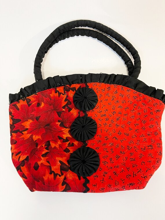 Red and Black Fabric Handbag Floral Lunch Pal Clo… - image 5