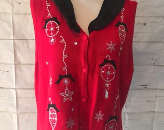 Vintage 80s 90s Christmas Sweater Vest Holiday Ornament Sweater Vests Sequin and Fur Ugly Christmas Sweater