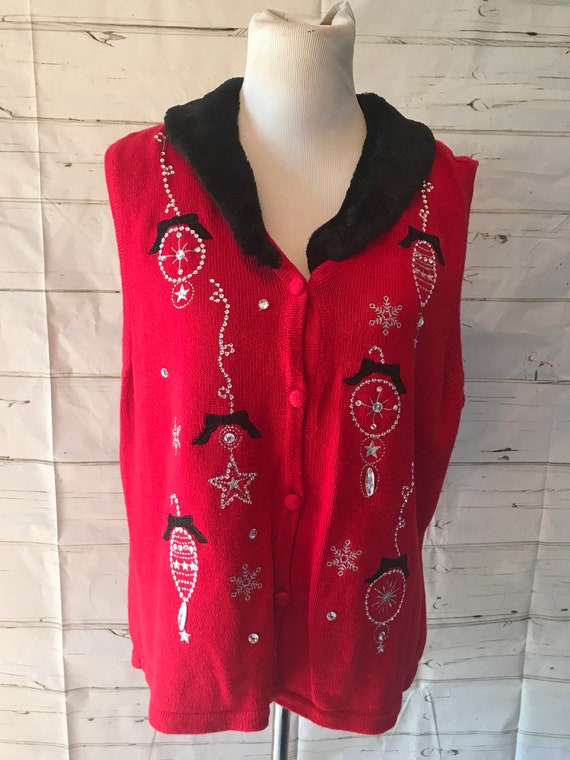 Vintage 80s 90s Christmas Sweater Vest Holiday Or… - image 1
